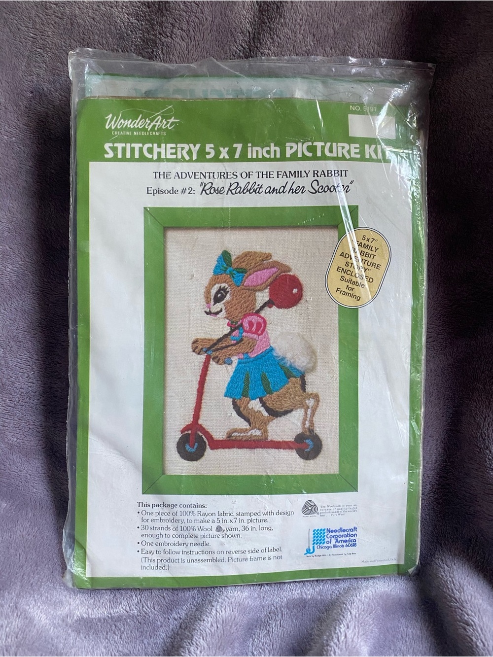 WonderArt Stitchery 5x7 Picture Kit - Bunny on Scooter (Green, Blue, Pink, Red)